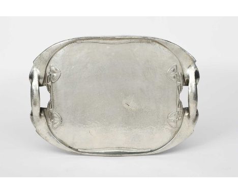 A Liberty &amp; Co Tudric Pewter twin-handled tray designed by Archibald Knox, model no. 0231, rounded, rectangular form, cas