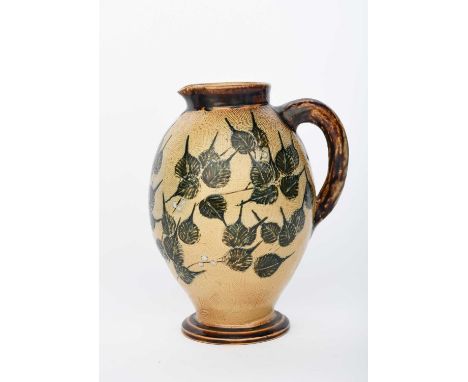 A Martin Brothers stoneware jug by Robert Wallace Martin, swollen form, incised with a band of berried foliage, in green and 