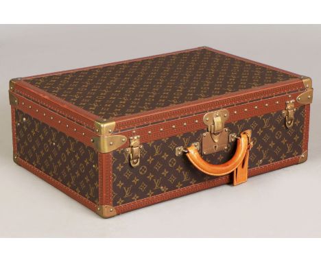 LOUIS VUITTON vintage Reisekoffer - Hartschalen Koffer mit braunem Monogram-Dekor, helle Leder-Beschläge und Griffe, Messing-