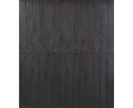 ROLF ROSE (1933 Halberstadt) - Öl auf Holz, ¨Schwarze Spachtelstreifen¨ (1985), verso signiert ¨R. Rose¨ und datiert, Widmung