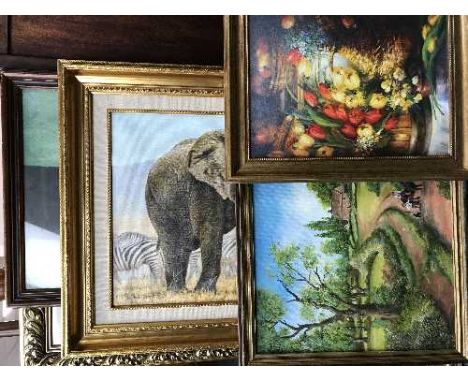 Five framed pictures including Steven Gayford limited edition print - Big Ivory, Ceilla Orban print - Demi John and apples wi