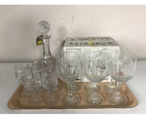 A tray of lead crystal decanter, glasses, set of six boxed Luminarc glasses etc 