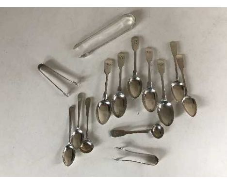 A collection of Georgian and later silver, to include sugar tongs, caddy spoons and teaspoons, 7.9oz