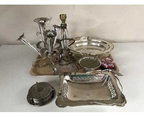 A tray of plated ware, epergne, dishes, together with glass paperweight and lamp base 