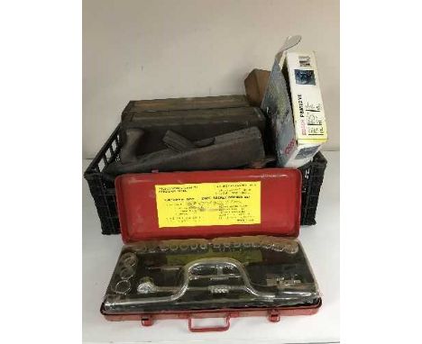 Four wooden drawers of hand tools, socket set, planers and a Bosch cordless drill, etc 