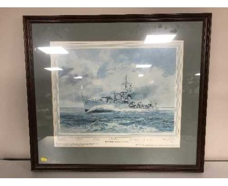 A mahogany framed print of H.M.S. Kelly, Flotilla Leader J & K Class, limited edition 280/750 signed in pencil 