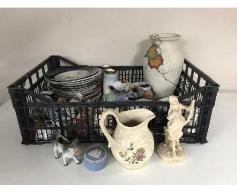 A crate of early twentieth century and later china ornaments and plates, Mason's oak jug, Limoges cow creamers, Goebel toby j