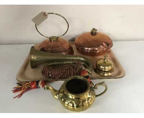 A tray of Wafax copper hot water bottle, brass desk bell and a bugle 