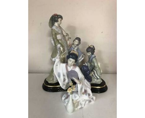 A Lladro figure of a Geisha holding a mirror, 6748, together with a Spanish porcelain Geisha group on plinth