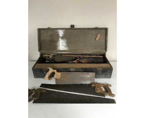 A wooden joiner's tool box and tools 