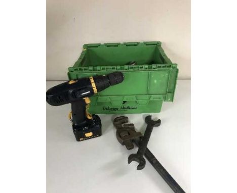 A crate of twelve volt performance drill and a large quantity of hand tools, ring spanners, wrench etc 