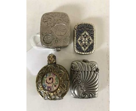 A silver plated and enamel vesta, together with another vesta, a sovereign case and a scent bottle
