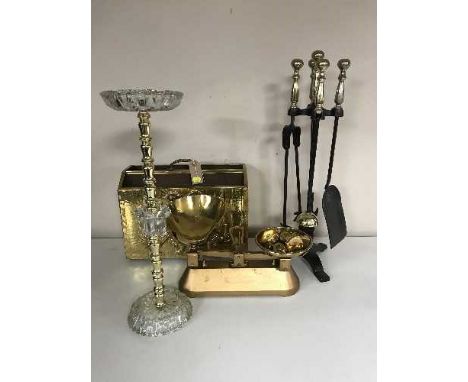 A brass embossed mag rack, kitchen scales and weights, smoker's stand 