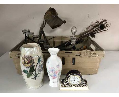 A basket of china mantle clock, Border Fine Arts figures, Aynsley vase, metal tea light holder, cat ornament, candles etc 