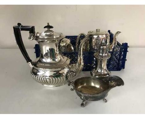 A crate containing a silver plated teapot and other plated wares (Q)