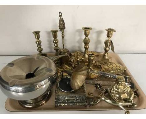 A tray of brass and metal ware - candlesticks, Buddha, table lighter etc 