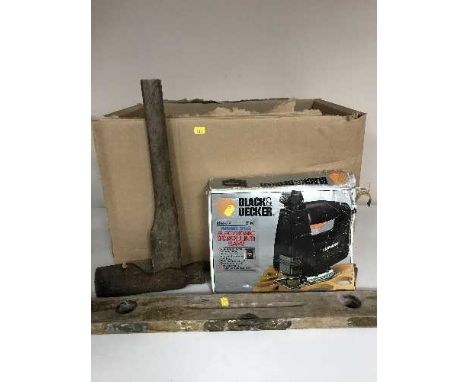 A box of Black & Decker jigsaw, wood working plane, hand tools etc 