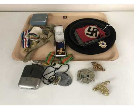 A tray of beret bearing The Association of Jewish Ex Serviceman's badge, assorted military badges, medal ribbons, set of four