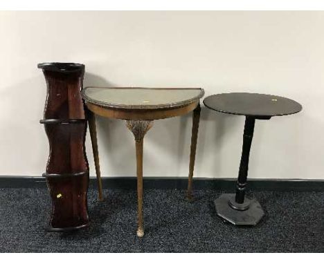 A walnut d-shaped table, pedestal table and a pine corner wall shelf 