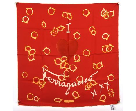 SALVATORRE FERRAGAMO red love-heart-link fine silk scarf (65cm x 65cm)Condition Report:  Excellent condition with pleasant od