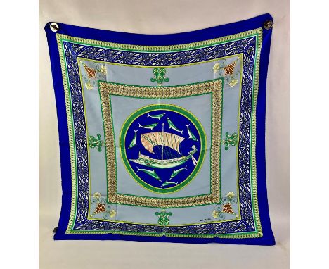 LANCEL silk scarf in blue depicting a ship and dolphinsCondition Report:  Good condition
