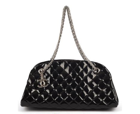 CHANEL quilted black patent Mademoiselle handbag with silver hardware and burgundy canvas interior.(33cm x 17cm x 16cm) with 