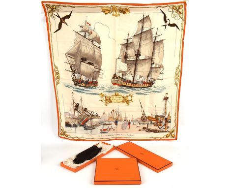 HERMES boxed silk scarf "LA FLORE" * HERMES boxed ladies brown kid leather gloves with gold coloured snaffle bit detail. Appr