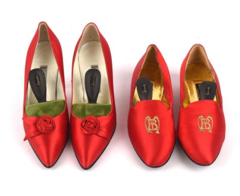 ADDENDUM LOT * BRUNO MAGLI COUTURE ladies red silk evening slippers UK6.5 EU39.5 and CASADEI red silk 1950s style kitten heel