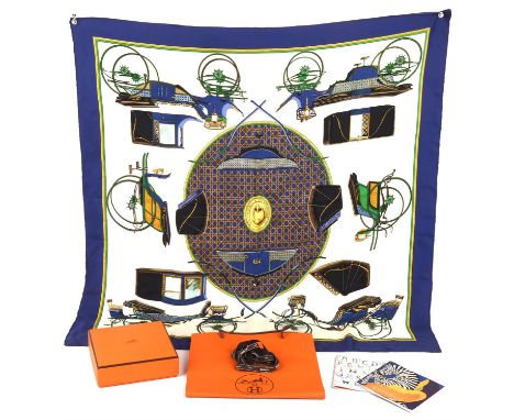 HERMES silk scarf (Rare blue colourway) Les Voitures Transformation, Boxed with ribbon and two Le Carre Hemes brochures from 