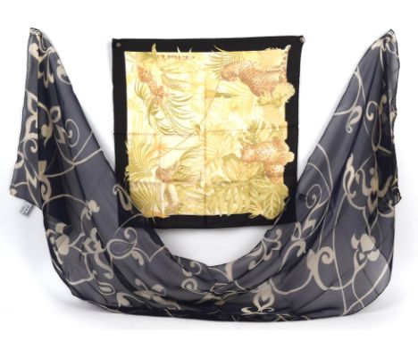 SALVATORRE FERRAGAMO silk bandana scarf depicting leopards (46cmx 46m) * SALVATORRE FERRAGAMO long fine silk chiffon scarf in