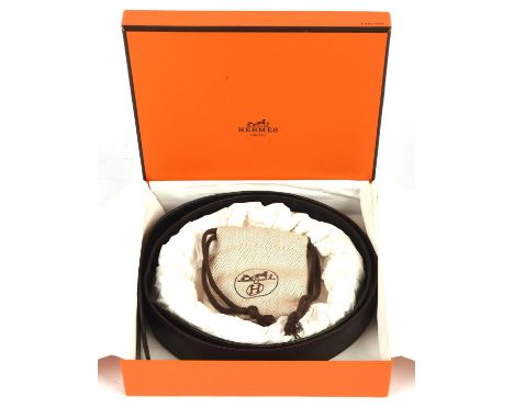 HERMES boxed gents black leather belt with silver coloured "H" buckle and original cloth pouch Condition Report:  Used but in