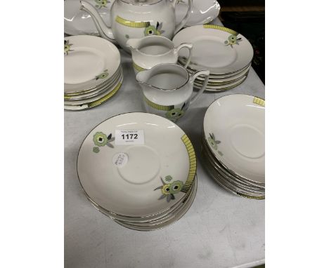 A CZECHOSLOVAKIAN PART RETRO TEASET TO INCLUDE A TEAPOT, CREAM JUGS, CAKE PLATES, SIDE PLATES AND SAUCERS 