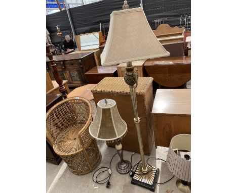 A METALWARE STANDARD LAMP COMPLETE WITH SHADE AND TALL TABLE LAMP COMPLETE WITH SHADE 