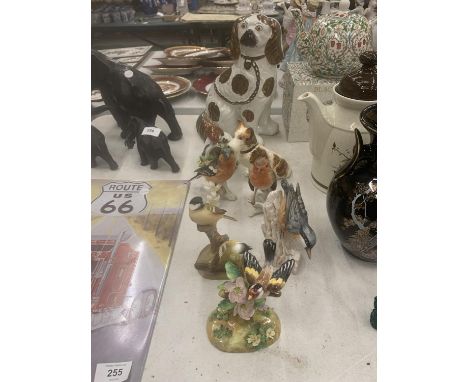A QUANTITY OF CERAMIC BIRDS AND DOGS TO INCLUDE SYLVAC, GOEBEL AND CROWN STAFFORDSHIRE 