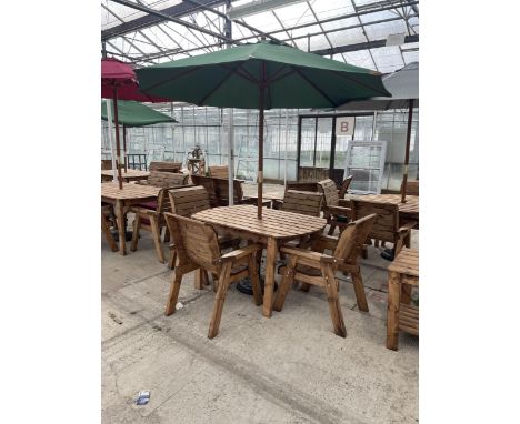 AN AS NEW EX DISPLAY CHARLES TAYLOR PATIO SET COMPRISING OF AN OBLONG TABLE, FOUR CHAIRS, PARASOL BASE AND PARASOL *PLEASE NO