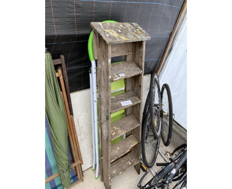 A FIVE RUNG VINTAGE WOODEN STEP LADDER AND A FURTHER STEP LADDER 
