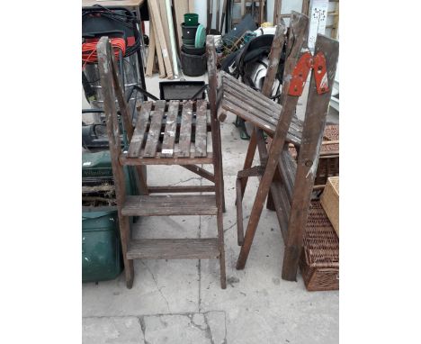 TWO SETS OF VINTAGE TWO RUNG WOODEN STEP LADDERS 