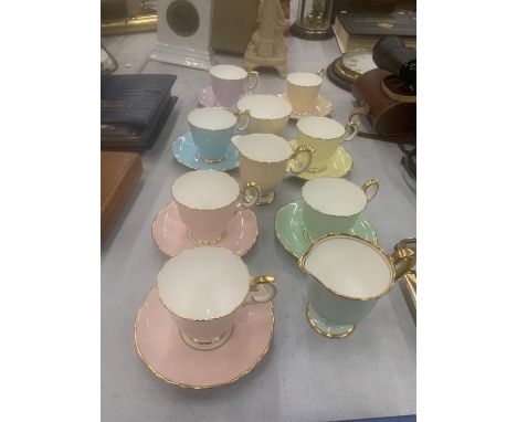 A QUANTITY OF CROWN STAFFORDSHIRE 'HARLEQUIN' CUPS, SAUCERS, CREAM JUGS AND SUGAR BOWL 