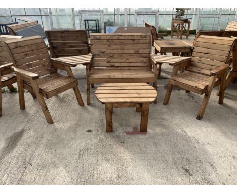 AN AS NEW EX DISPLAY CHARLES TAYLOR PATIO SEATING SET COMPRISING OF TWO CHAIRS, A TWO SEATER BENCH A COFFEE TABLE AND TWO ARM
