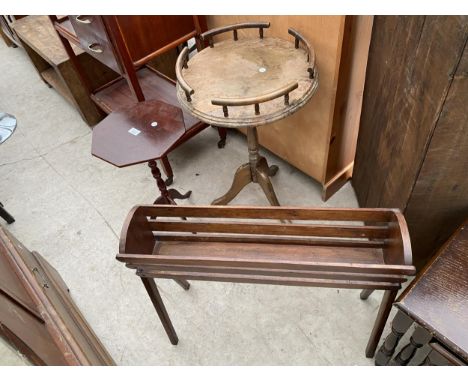TWO MODERN TRIPOD TABLES AND WOODEN PLANT TROUGH 