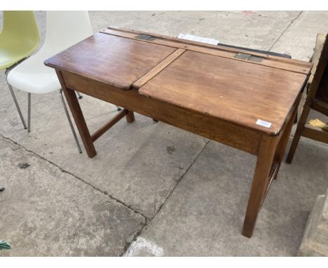 A VINTAGE PINE KINGFISHER DOUBLE LID SCHOOL DESK 