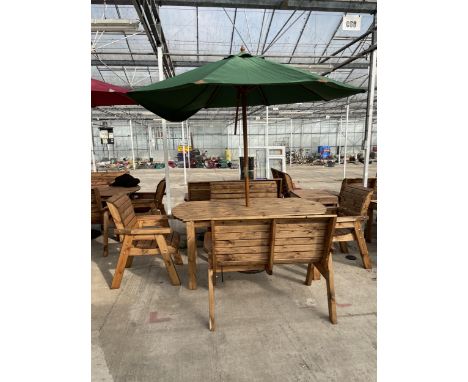 AN AS NEW EX DISPLAY CHARLES TAYLOR PATIO DINING SET COMPRISING OF A TABLE, TWO BENCHES, TWO CHAIRS AND A PARASOL AND BASE *P