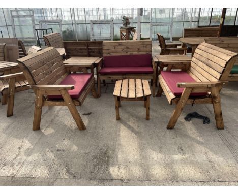 AN AS NEW EX DISPLAY CHARLES TAYLOR PATIO SEATING SET COMPRISING THREE TWO SEATER BENCHES, TWO OCCASIONAL TABLES AND A COFFEE