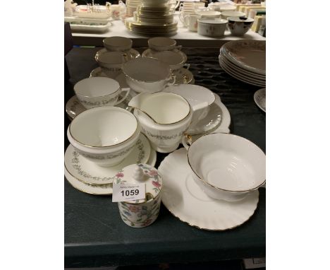 A MINTON 'APRIL' TEASET TO INCLUDE CUPS, SAUCERS, SIDE PLATES, A SUGAR BOWL AND CREAM JUG PLUS THREE ROYAL ALBERT VAL D'OR SO