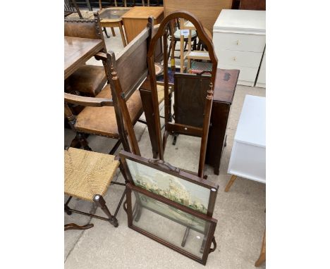 A CHEVAL MIRROR, WOOLWORK FIRE SCREEN AND GLASS TRAY 