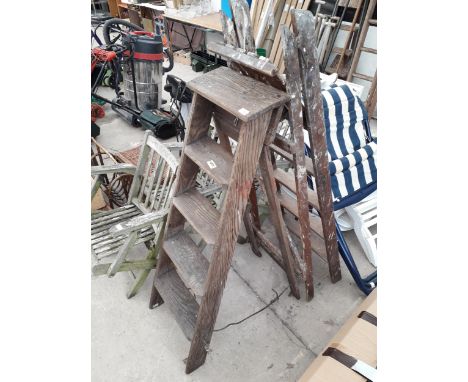 TWO SETS OF VINTAGE FOUR RUNG WOODEN STEP LADDERS 
