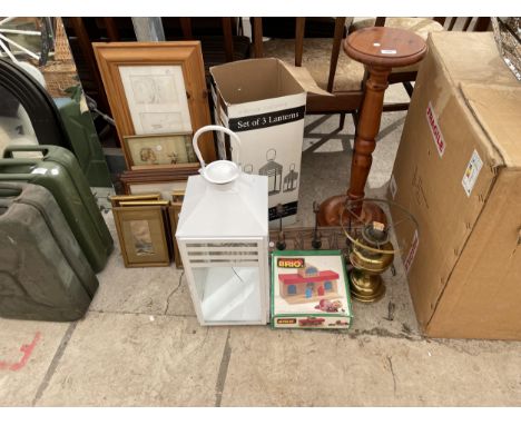 AN ASSORTMENT OF ITEMS TO INCLUDE A NEW AND BOXED LANTERN, FRAMED PRINTS, COAT HOOK, ETC 