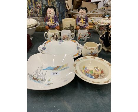 A QUANTITY OF CERAMIC ITEMS TO INCLUDE ROYAL DOULTON BUNNYKINS BOWL AND MUG, TOBY JUGS, VINTAGE CUPS, PLATES, ETC 
