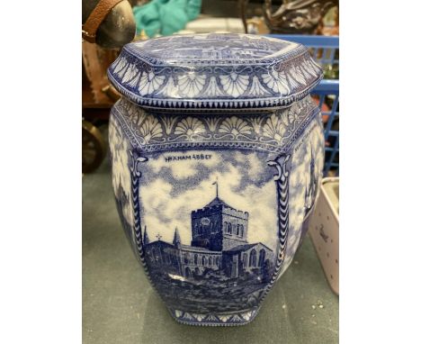 A RINGTON'S TEA MERCHANTS HEXAGONAL BLUE AND WHITE CERAMIC TEA CADDY - A/F HAS SMALL CHIP TO THE RIM HEIGHT 19CM 