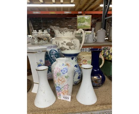 A QUANTITY OF VASES AND JUGS TO INCLUDE A LARGE K &amp; CO SWEET  MEADOW HANDLED JUG, ARTHUR WOOD, ORIENTAL VASE, ETC., 